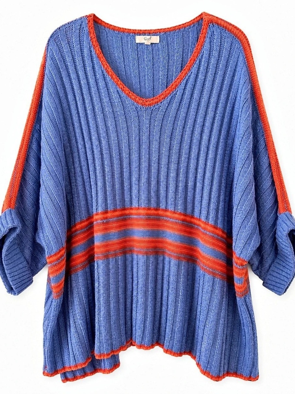 Easel Oversized Ribbed Sweater L Blue Orange Striped Dolman